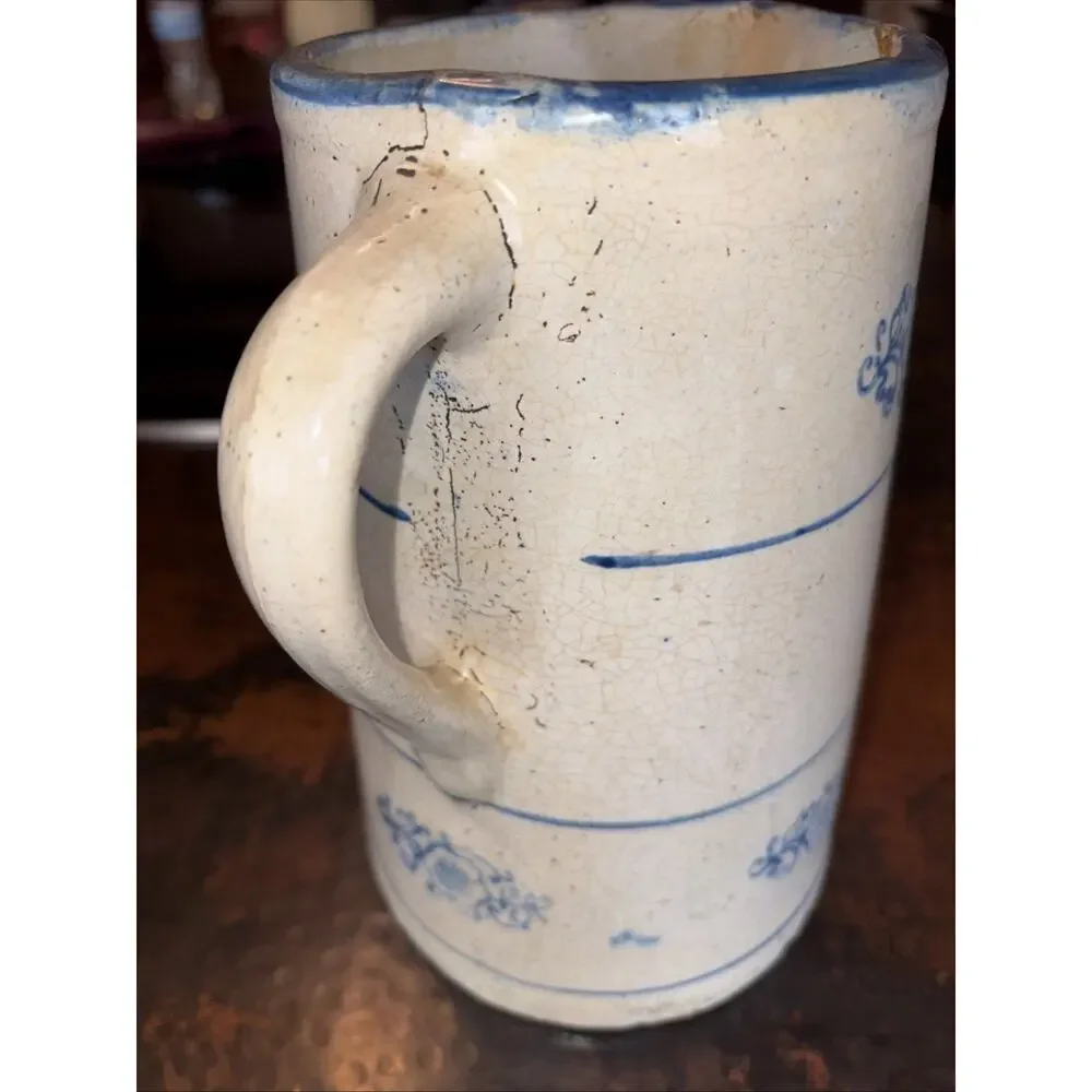 Antique Blue White Stoneware Pitcher Hull Band Stripe Flower Medallion Design